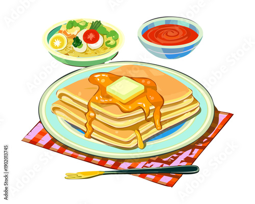 Golden waffles topped with melting butter and syrup served with fresh salad and dipping sauces for brunch - Vector Illustration