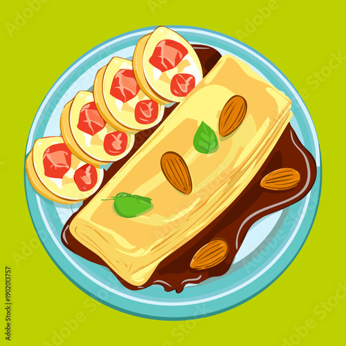 Sweet crepe rolls topped with sliced bananas and almonds drizzled with rich chocolate sauce for breakfast dessert - Vector Illustration