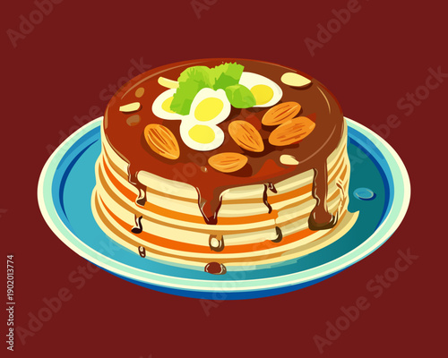 Pancake stack topped with almonds and drizzled with chocolate syrup for a nutty and sweet breakfast treat - Vector Illustration