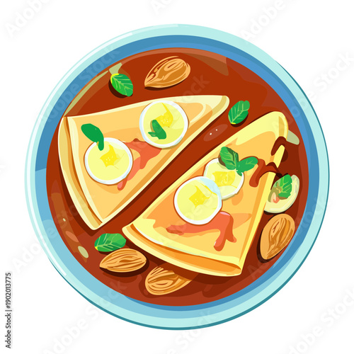 Sweet crepes filled with chocolate cream and served with fresh strawberries and dipping sauce for dessert menu - Vector Illustration