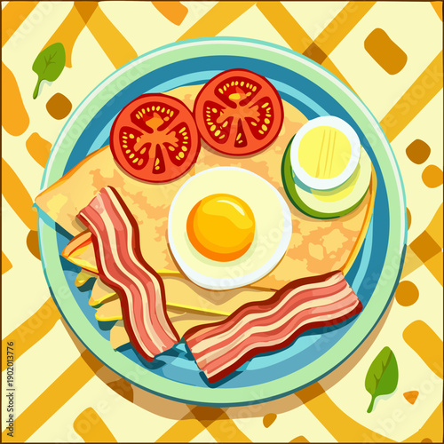 Hearty breakfast plate with crepes bacon strips and fried egg served with fresh tomatoes and cucumber slices - Vector Illustration