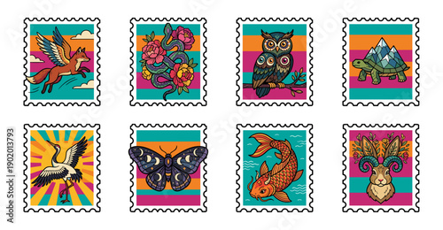 Vibrant Surrealist Mythical Animal Postage Stamp Collection for Creative Scrapbooking and Stationery Design
