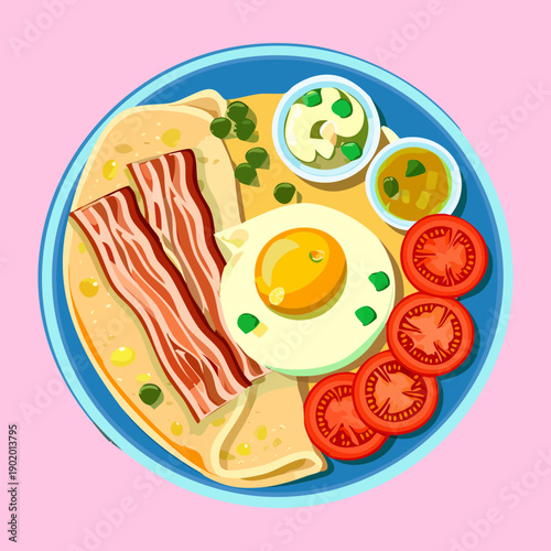 Breakfast platter with crepes crispy bacon and a fried egg served with various dipping sauce bowls set - Vector Illustration