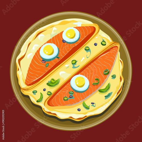 Savory crepes topped with sliced salmon and boiled eggs served on a colorful plate for healthy brunch - Vector Illustration