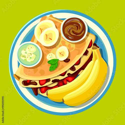 Sweet breakfast crepes filled with chocolate cream and topped with sliced bananas for a delicious morning treat - Vector Illustration