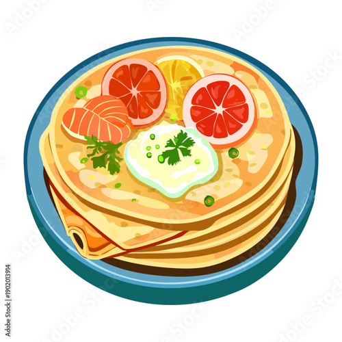 Stack of thin crepes topped with fresh cream and grapefruit slices for a refreshing citrus breakfast meal - Vector Illustration