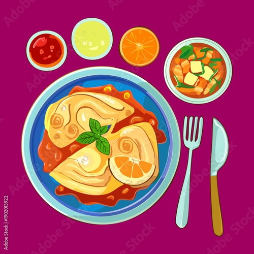 Gourmet breakfast platter featuring savory crepes served with fresh fruit and multiple colorful dipping sauce bowls - Vector Illustration