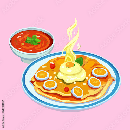 Delicious omelette crepe topped with fresh herbs and served with a side of spicy tomato salsa dip - Vector Illustration