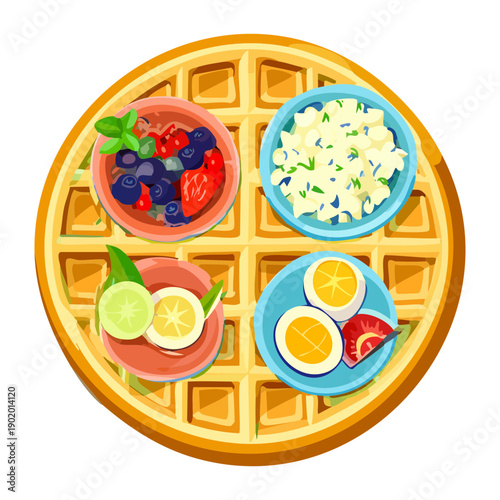 Round waffle platter topped with fresh berries and served with bowls of cottage cheese cream - Vector Illustration