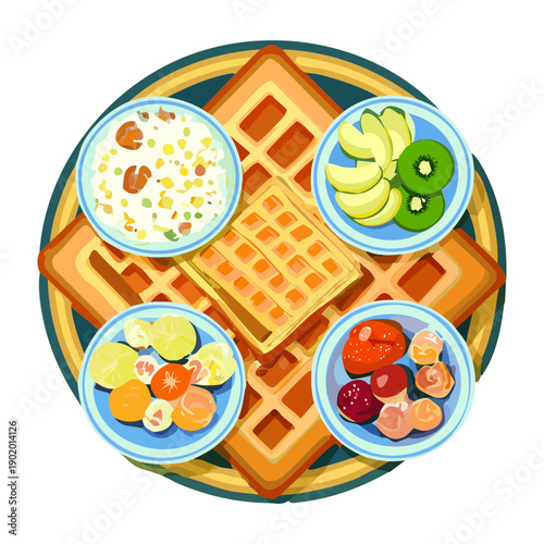 Large round waffle platter with various dipping bowls of cream fruit and sweet breakfast spreads - Vector Illustration