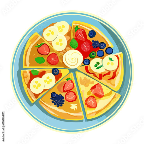 Round pancake platter sliced like a pizza and topped with assorted fresh fruit and berries - Vector Illustration
