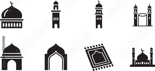 Diverse architectural symbols representing various religious structures and artifacts