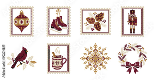 Rustic Linocut Winter Holiday Postage Stamp Set for Christmas Scrapbooking and Festive Stationery Design