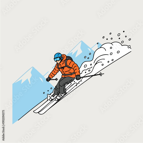 Skier in orange jacket skiing down a snowy mountain slope.