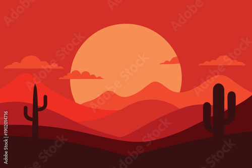 Stylized desert scene showcasing a vibrant orange sunset behind rolling hills with prominent cactus plants