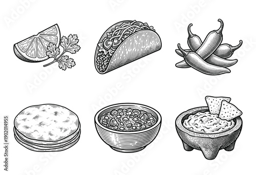 Mexican food illustration set featuring hand drawn taco, guacamole, chili peppers, and tortillas in vintage woodcut engraving style.