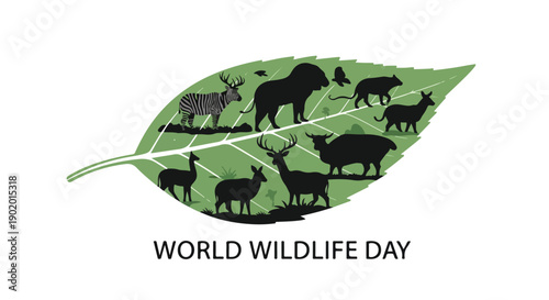Graphic illustration of a green leaf with various animal silhouettes on World Wildlife Day against a clean white background.