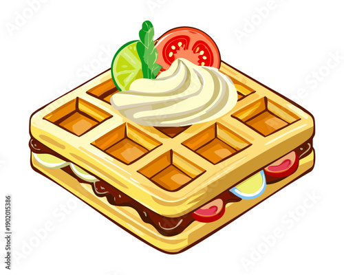 Golden square waffle topped with a large dollop of whipped cream and a slice of lime - Vector Illustration