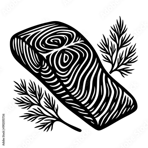 Salmon Steak Woodcut Illustration with Rosemary in Black and White Engraving Style