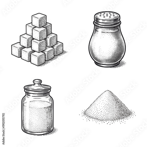 Set of sugar and salt illustrations in vintage woodcut style featuring sugar cubes, a shaker, a storage jar, and a granular pile.