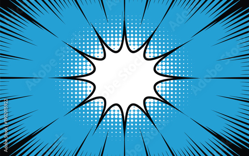 Vibrant blue comic book background with a dynamic white explosion bubble and radiating speed lines