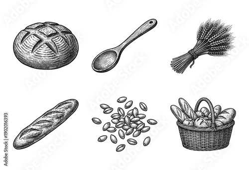 Vintage hand drawn bakery collection featuring bread loaves wheat stalks grain seeds and wooden spoon in engraving style
