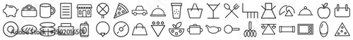 Restaurant and food line icon set featuring vector pictograms of kitchenware, pizza, coffee, car, shopping bag, apple, and various dining tools in thin outline style.