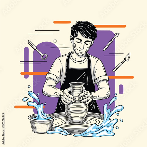 Skilled male potter shaping clay on a pottery wheel.