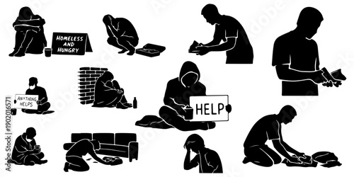 Homeless and hungry people silhouettes set featuring poverty and social issues icons with beggars holding signs and empty wallets isolated