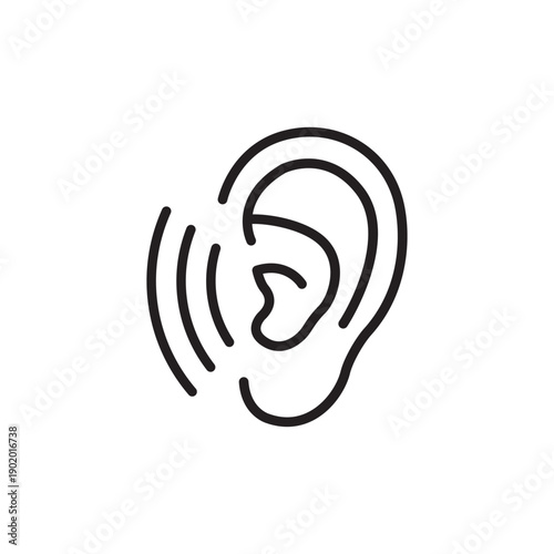 Human ear with sound waves vector icon set. Minimalist outline illustration of hearing sense from left and right side. Audio and listening concept isolated on white.