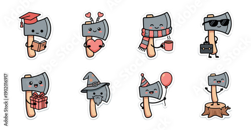 Cute Cartoon Axe Character Sticker Set Vector