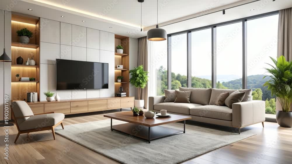 custom made wallpaper toronto digitalModern living room with large windows, neutral sofa, and scenic mountain view