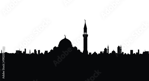 Islamic city skyline silhouette with mosque and minaret on white background