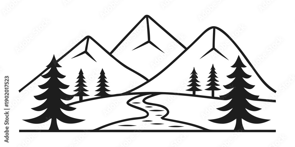 Obraz premium Vector illustration of black silhouette mountains, fir trees, and small flowing stream