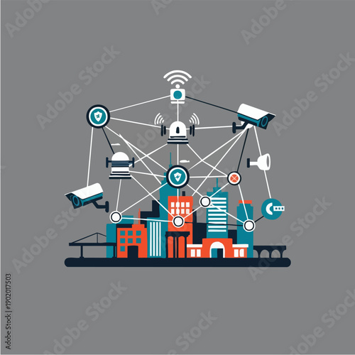 Smart City Surveillance Network with Connected Devices and Buildings.