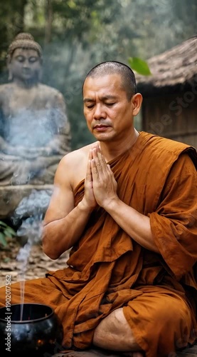 Vertical video of Buddhist monk praying outdoors near Buddha statue, incense smoke and soft candlelight creating serene spiritual mood, meditation and mindfulness concept, generative AI