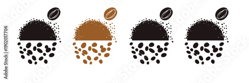 Set of four coffee grind size icons with coffee beans and ground coffee particles in flat minimalist vector style for brewing and grinding concepts