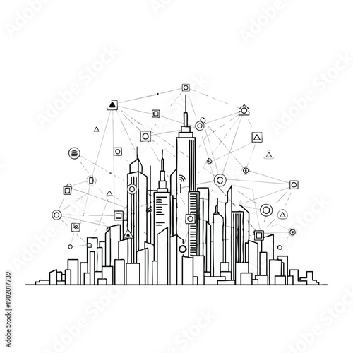 Smart City Network Connectivity Line Art Illustration.