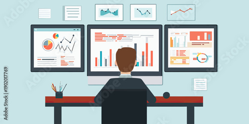 Business analyst monitoring multiple screens displaying financial charts graphs and data reports in modern office workspace flat vector illustration