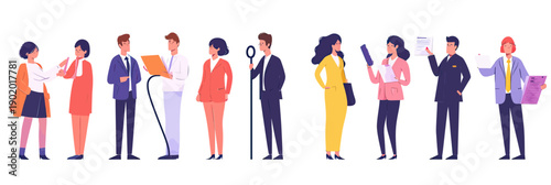 Diverse professionals reviewing resumes and documents standing in line for job recruitment and hiring process in flat vector style isolated on white background