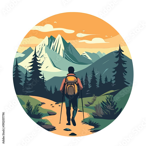 Backpacker hiking mountain trail with trekking poles among pine trees and rocky terrain during sunset minimalist vector illustration