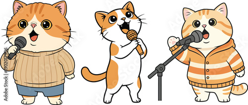 Cat Cartoon Singer Vector, Cute Kitten With Microphone Illustration, Funny Music Cat Character Flat Design