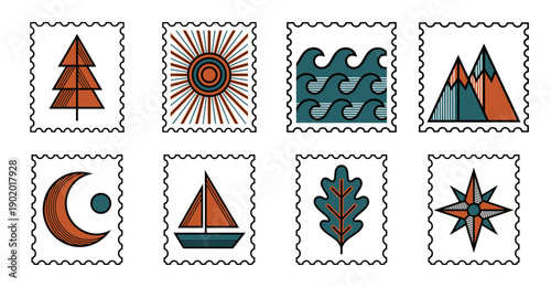 Retro Outdoor Adventure Icon Postage Stamp Collection for Scandi Nature Travel Journaling