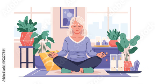 Retired woman practicing mindfulness meditation at home vector illustration