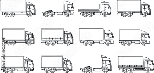 Vector illustration of 10 different truck silhouettes, cargo trucks, semi-trucks, or delivery trucks, for mockup or template, isolated on transparent background, png