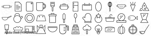 Kitchen and cooking line icon set. Vector pictograms of rolling pin, pot, refrigerator, whisk, cheese, teapot, plate, microwave, grater and ladle, thin outline illustration.
