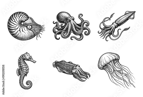Vintage marine life collection featuring hand drawn ink illustrations of cephalopods and sea creatures in a classic woodcut etching style