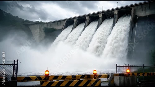 Dam spillway releasing massive water flow in heavy rain, thick mist and spray, safety barriers and warning lights in foreground, hydropower infrastructure and flood control concept, generative AI