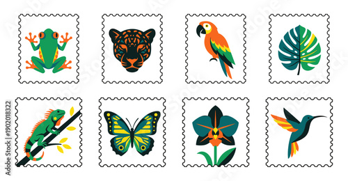 Minimalist Tropical Rainforest Fauna and Flora Postage Stamp Set for Eco Tourism Stationery Design