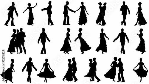 Elegant couples dancing together in various poses and styles